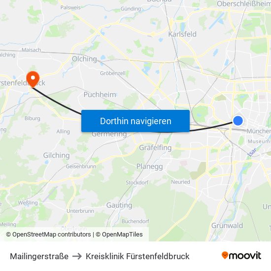 Mailingerstraße to Kreisklinik Fürstenfeldbruck map