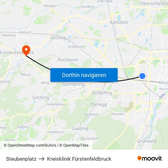 Steubenplatz to Kreisklinik Fürstenfeldbruck map