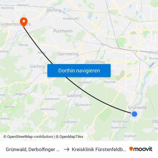 Grünwald, Derbolfinger Platz to Kreisklinik Fürstenfeldbruck map