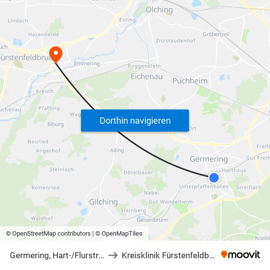 Germering, Hart-/Flurstraße to Kreisklinik Fürstenfeldbruck map
