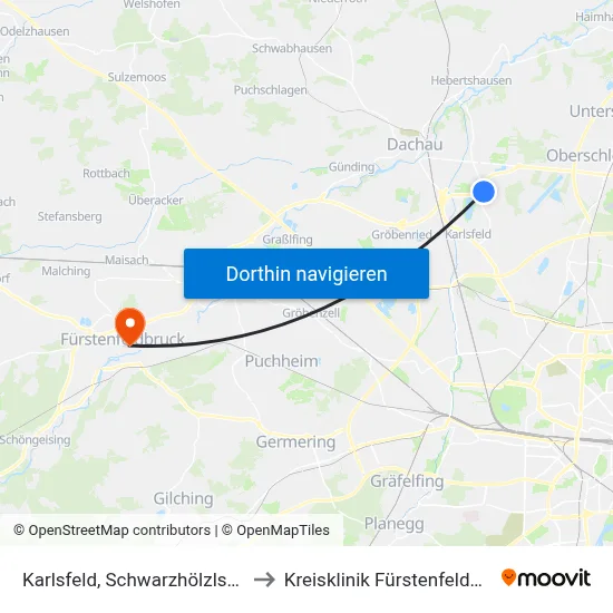 Karlsfeld, Schwarzhölzlstraße to Kreisklinik Fürstenfeldbruck map