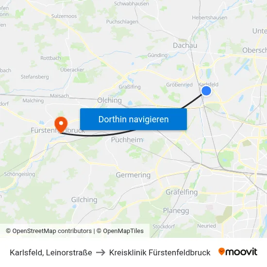 Karlsfeld, Leinorstraße to Kreisklinik Fürstenfeldbruck map