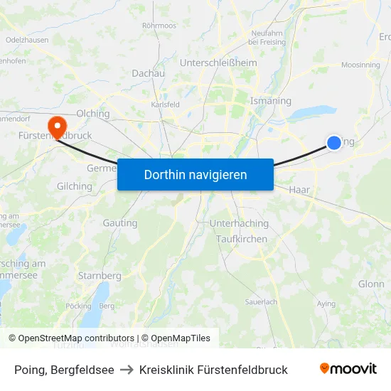 Poing, Bergfeldsee to Kreisklinik Fürstenfeldbruck map