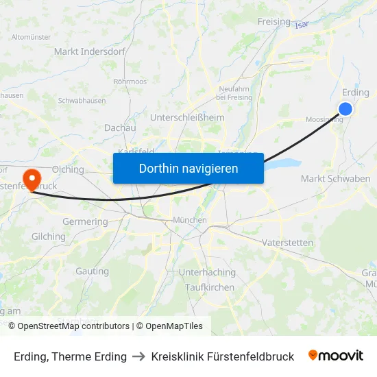 Erding, Therme Erding to Kreisklinik Fürstenfeldbruck map