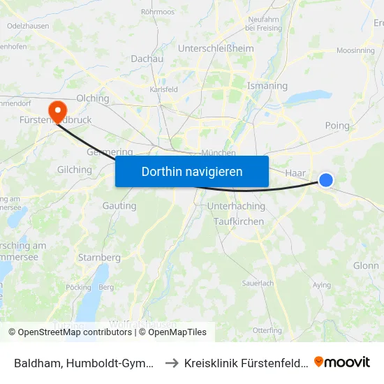 Baldham, Humboldt-Gymnasium to Kreisklinik Fürstenfeldbruck map