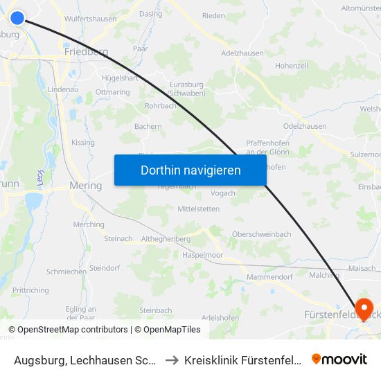 Augsburg, Lechhausen Schlößle E to Kreisklinik Fürstenfeldbruck map