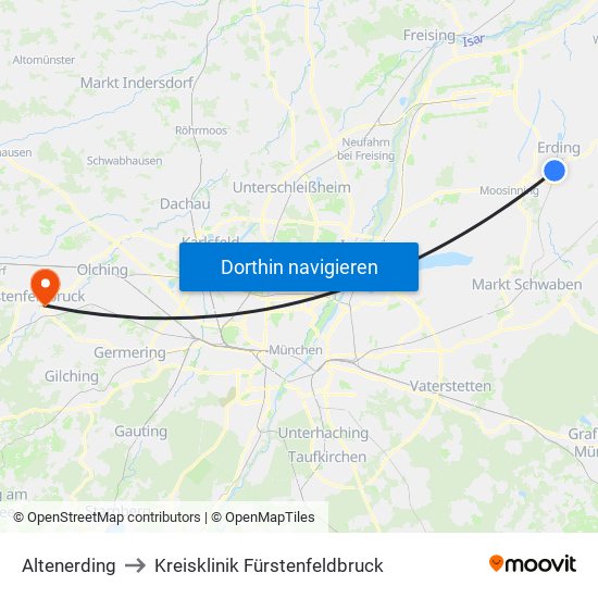 Altenerding to Kreisklinik Fürstenfeldbruck map