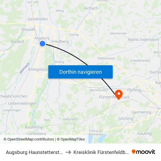 Augsburg Haunstetterstraße to Kreisklinik Fürstenfeldbruck map