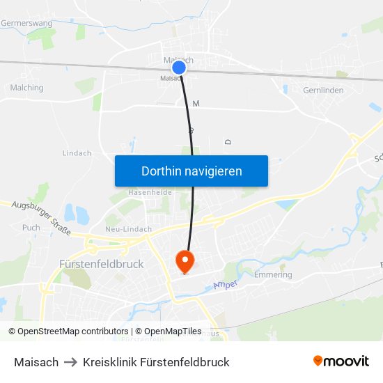 Maisach to Kreisklinik Fürstenfeldbruck map