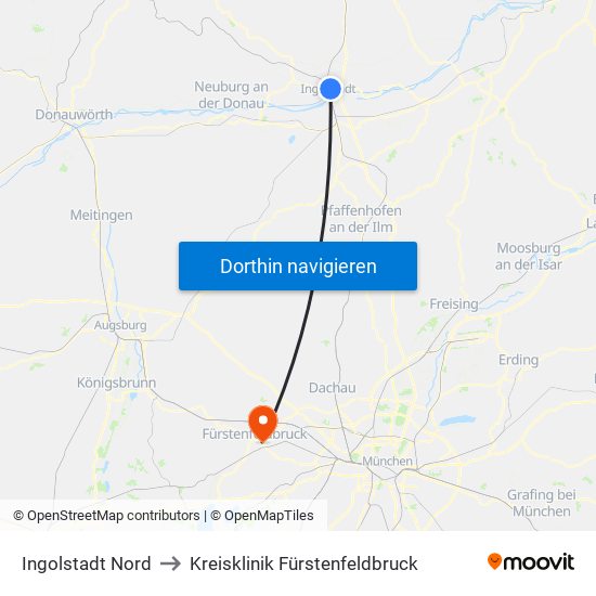 Ingolstadt Nord to Kreisklinik Fürstenfeldbruck map