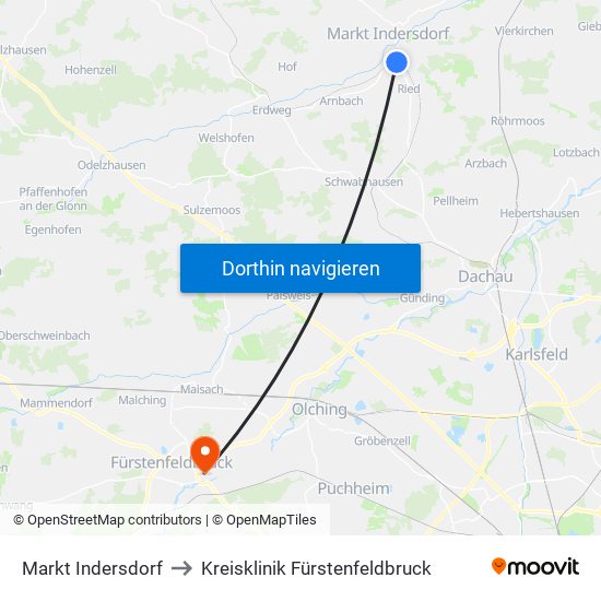 Markt Indersdorf to Kreisklinik Fürstenfeldbruck map