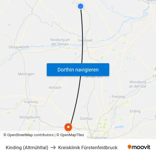 Kinding (Altmühltal) to Kreisklinik Fürstenfeldbruck map
