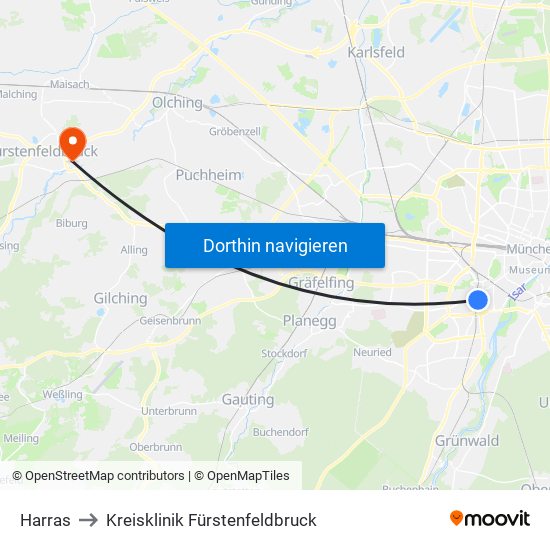 Harras to Kreisklinik Fürstenfeldbruck map