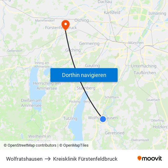 Wolfratshausen to Kreisklinik Fürstenfeldbruck map