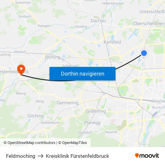 Feldmoching to Kreisklinik Fürstenfeldbruck map