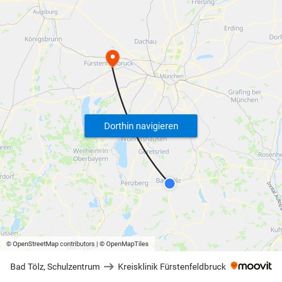 Bad Tölz, Schulzentrum to Kreisklinik Fürstenfeldbruck map