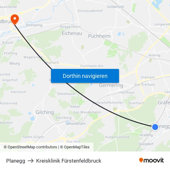 Planegg to Kreisklinik Fürstenfeldbruck map