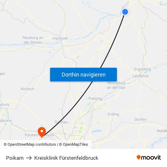 Poikam to Kreisklinik Fürstenfeldbruck map