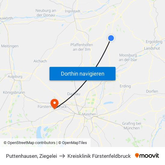 Puttenhausen, Ziegelei to Kreisklinik Fürstenfeldbruck map