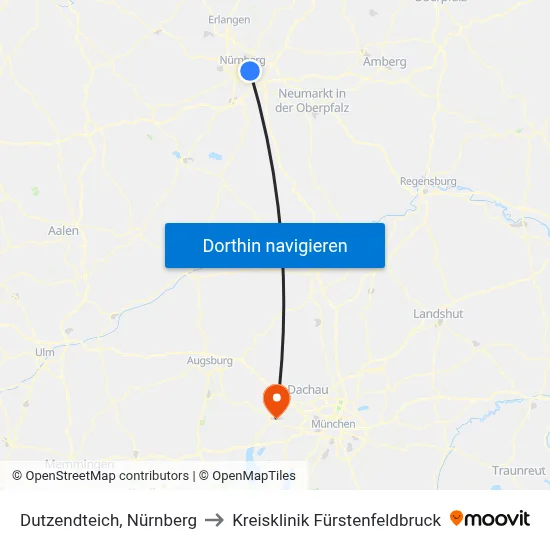 Nürnberg-Dutzendteich (Tram, Bus) to Kreisklinik Fürstenfeldbruck map