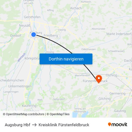 Augsburg Hbf to Kreisklinik Fürstenfeldbruck map