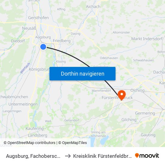 Augsburg, Fachoberschule to Kreisklinik Fürstenfeldbruck map