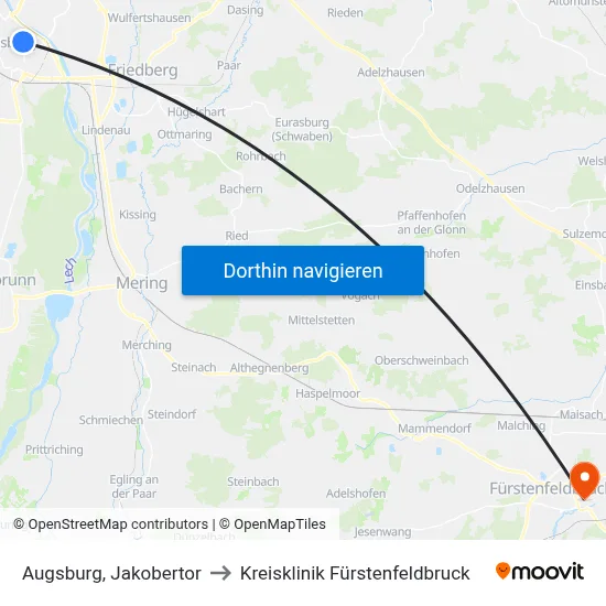 Augsburg, Jakobertor to Kreisklinik Fürstenfeldbruck map