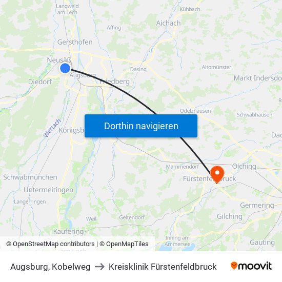Augsburg, Kobelweg to Kreisklinik Fürstenfeldbruck map