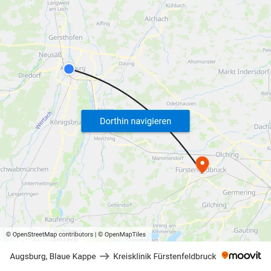 Augsburg, Blaue Kappe to Kreisklinik Fürstenfeldbruck map