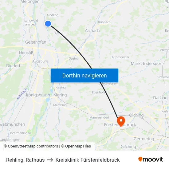 Rehling, Rathaus to Kreisklinik Fürstenfeldbruck map