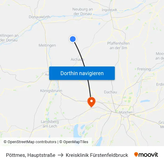 Pöttmes, Hauptstraße to Kreisklinik Fürstenfeldbruck map
