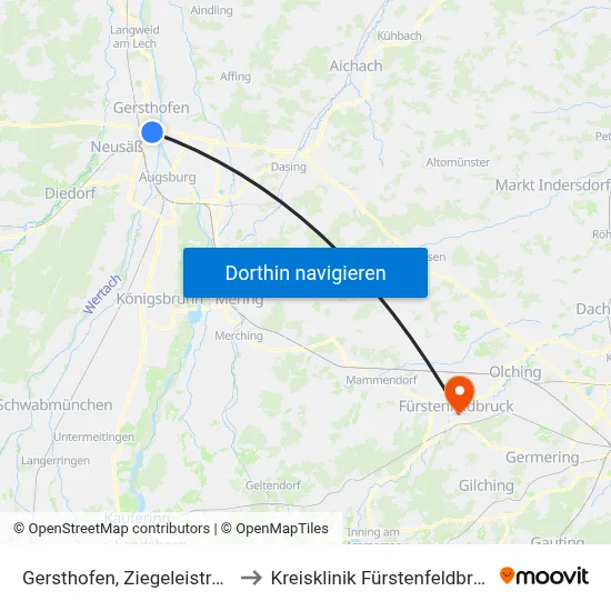 Gersthofen, Ziegeleistraße to Kreisklinik Fürstenfeldbruck map
