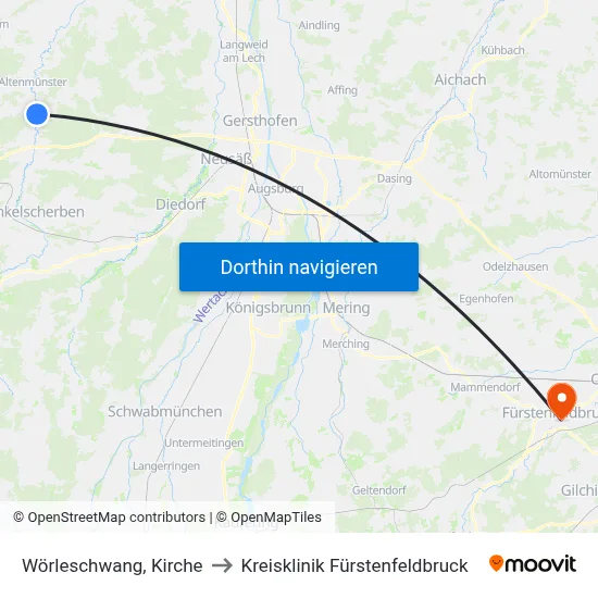 Wörleschwang, Kirche to Kreisklinik Fürstenfeldbruck map