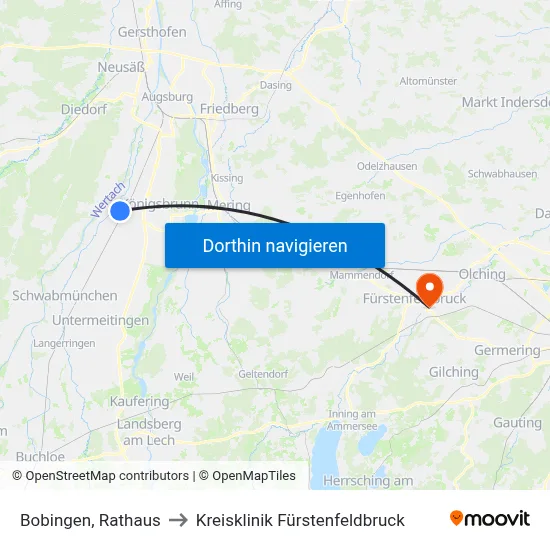 Bobingen, Rathaus to Kreisklinik Fürstenfeldbruck map