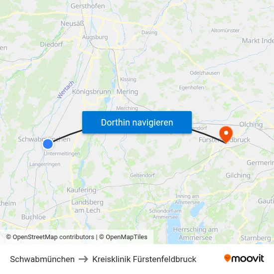 Schwabmünchen to Kreisklinik Fürstenfeldbruck map