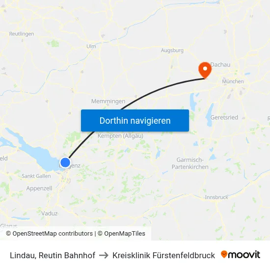 Lindau, Reutin Bahnhof to Kreisklinik Fürstenfeldbruck map