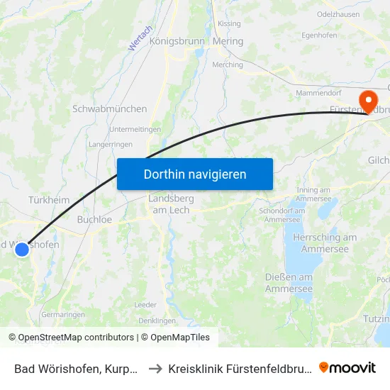 Bad Wörishofen, Kurpark to Kreisklinik Fürstenfeldbruck map