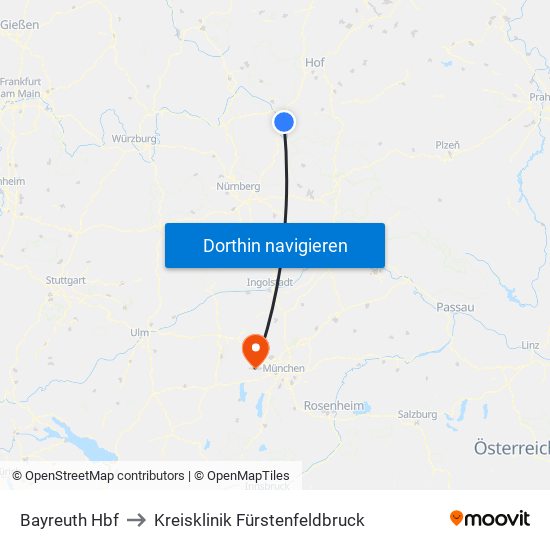 Bayreuth Hbf to Kreisklinik Fürstenfeldbruck map