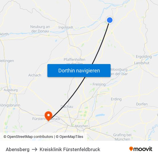 Abensberg to Kreisklinik Fürstenfeldbruck map