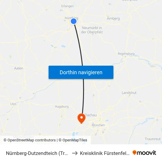 Nürnberg-Dutzendteich (Tram, Bus) to Kreisklinik Fürstenfeldbruck map