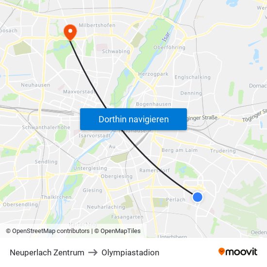 Neuperlach Zentrum to Olympiastadion map