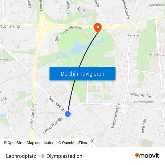 Leonrodplatz to Olympiastadion map