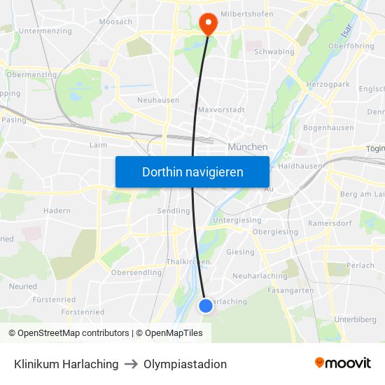 Klinikum Harlaching to Olympiastadion map