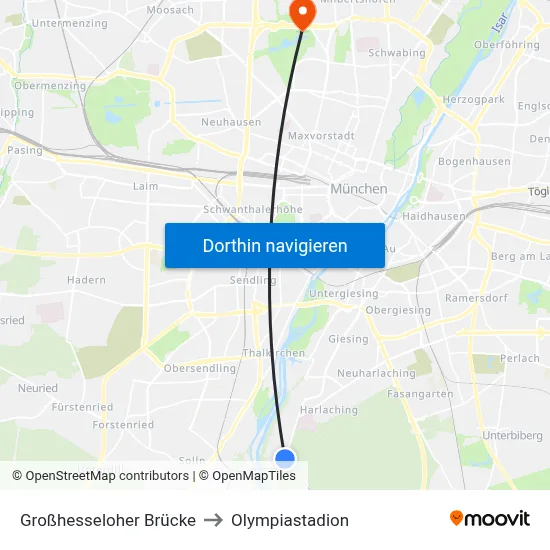 Großhesseloher Brücke to Olympiastadion map