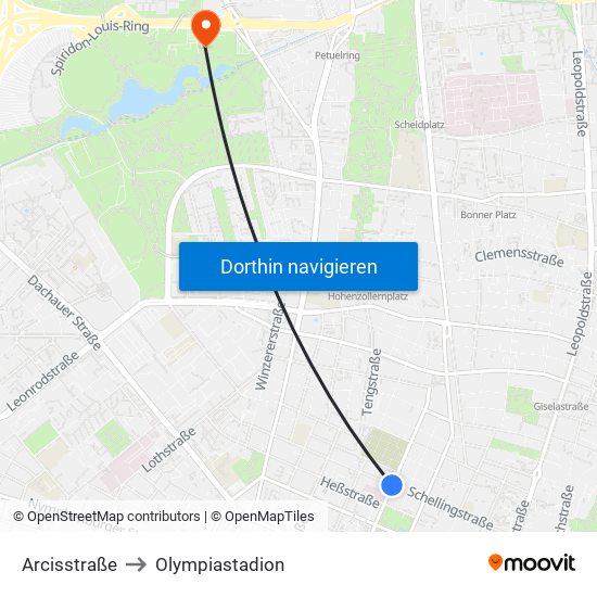 Arcisstraße to Olympiastadion map