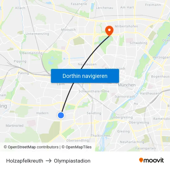 Holzapfelkreuth to Olympiastadion map