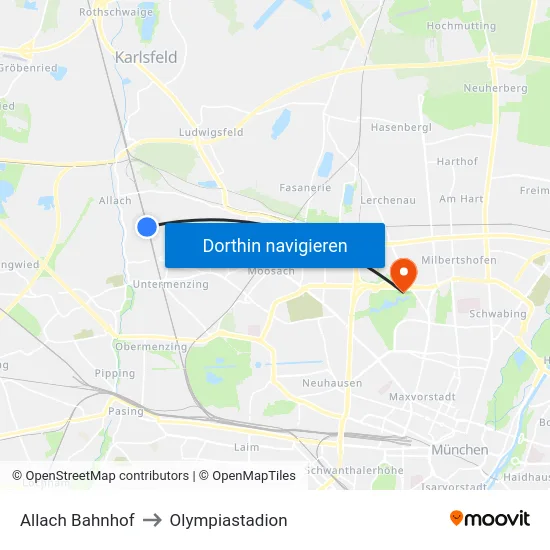 Allach Bahnhof to Olympiastadion map