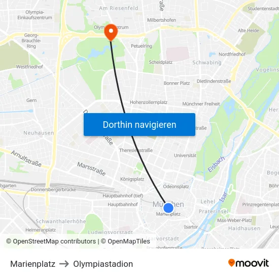 Marienplatz to Olympiastadion map