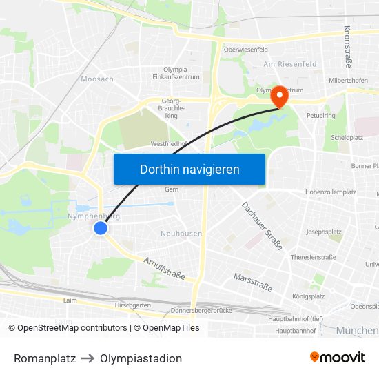 Romanplatz to Olympiastadion map