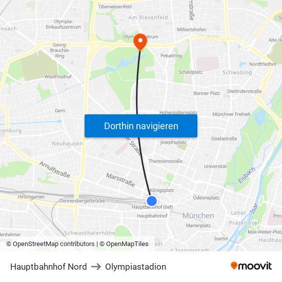 Hauptbahnhof Nord to Olympiastadion map